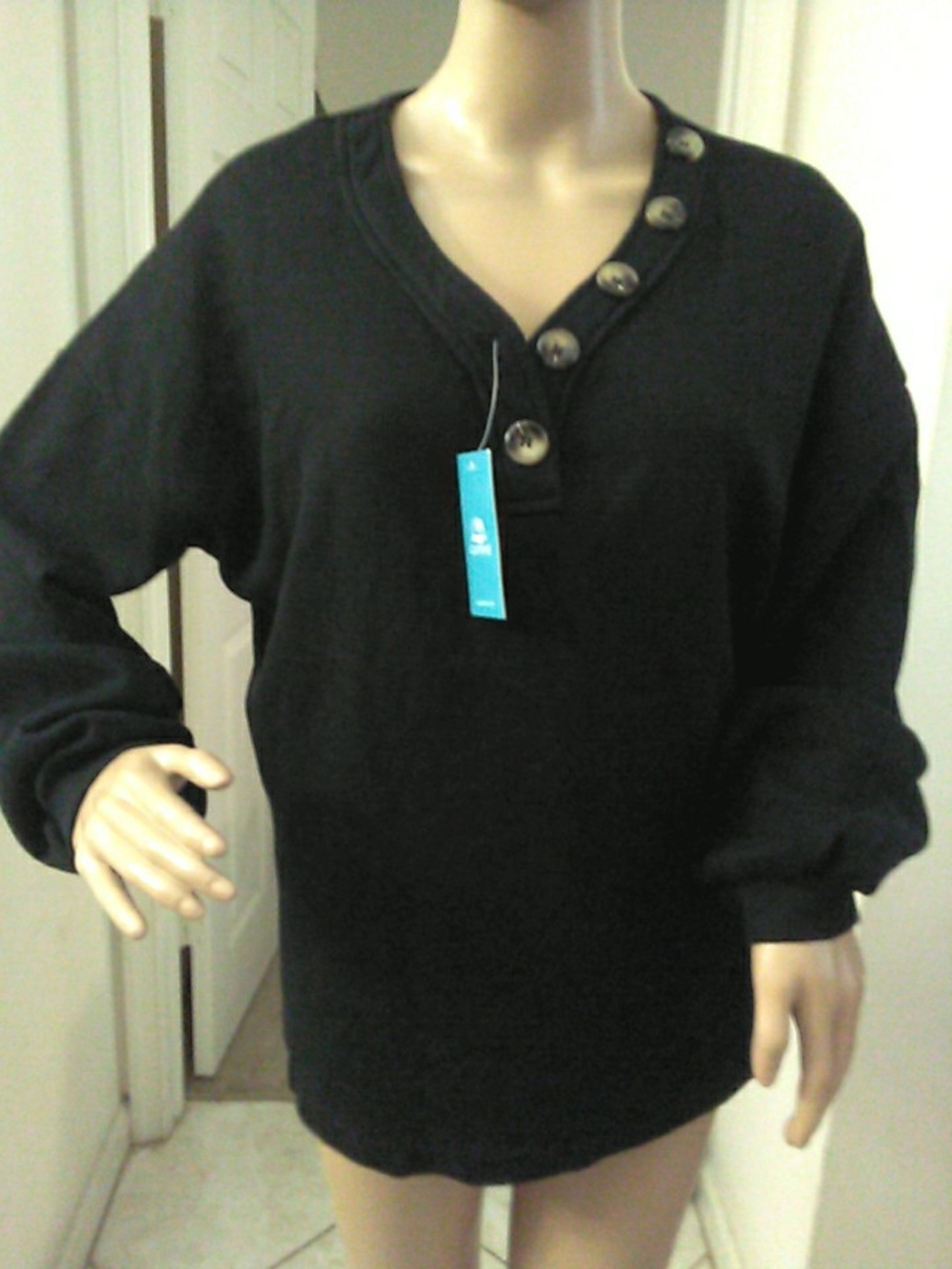 NWT CUPSHE Black Button-Neck TOP WAFFLE STYLE OVERSIZED SM.